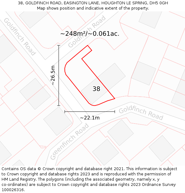 38, GOLDFINCH ROAD, EASINGTON LANE, HOUGHTON LE SPRING, DH5 0GH: Plot and title map