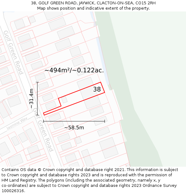 38, GOLF GREEN ROAD, JAYWICK, CLACTON-ON-SEA, CO15 2RH: Plot and title map