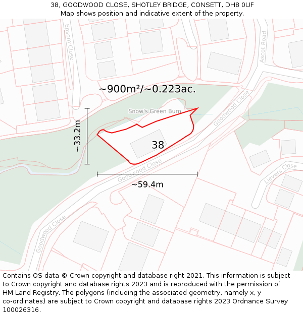 38, GOODWOOD CLOSE, SHOTLEY BRIDGE, CONSETT, DH8 0UF: Plot and title map