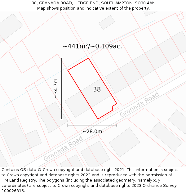 38, GRANADA ROAD, HEDGE END, SOUTHAMPTON, SO30 4AN: Plot and title map