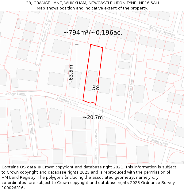 38, GRANGE LANE, WHICKHAM, NEWCASTLE UPON TYNE, NE16 5AH: Plot and title map