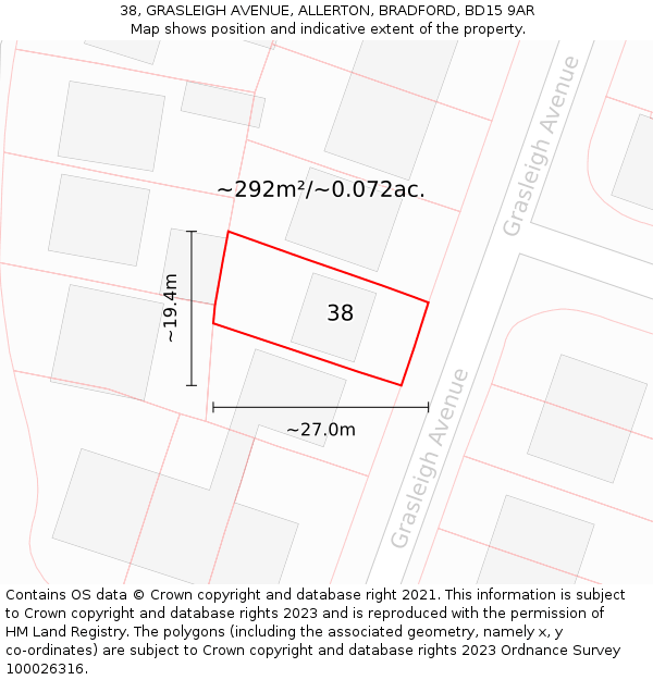 38, GRASLEIGH AVENUE, ALLERTON, BRADFORD, BD15 9AR: Plot and title map