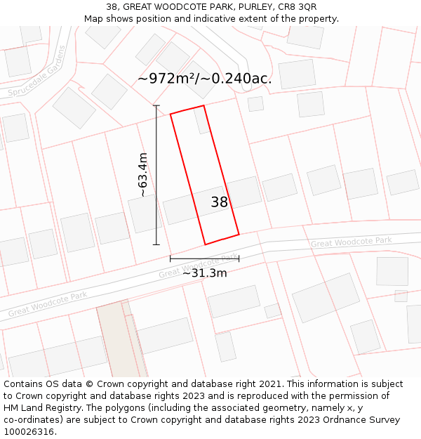 38, GREAT WOODCOTE PARK, PURLEY, CR8 3QR: Plot and title map