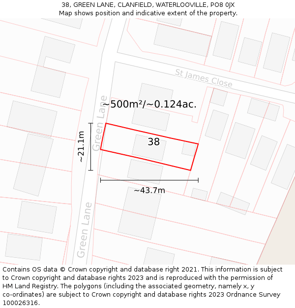 38, GREEN LANE, CLANFIELD, WATERLOOVILLE, PO8 0JX: Plot and title map