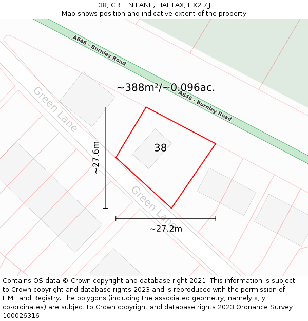 38, GREEN LANE, HALIFAX, HX2 7JJ: Plot and title map