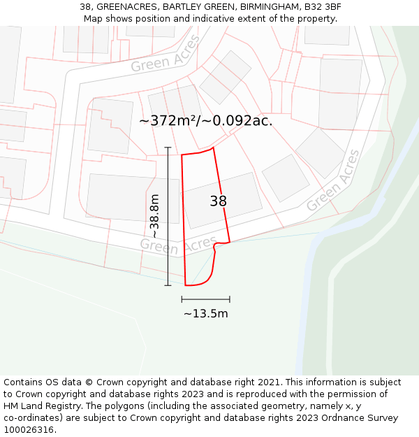 38, GREENACRES, BARTLEY GREEN, BIRMINGHAM, B32 3BF: Plot and title map