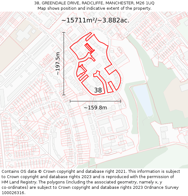 38, GREENDALE DRIVE, RADCLIFFE, MANCHESTER, M26 1UQ: Plot and title map