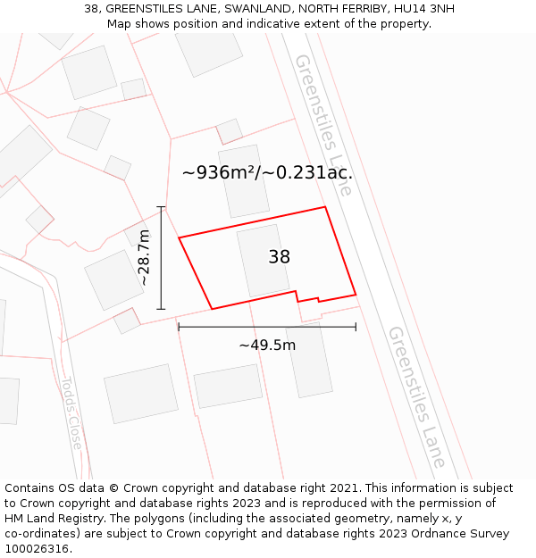 38, GREENSTILES LANE, SWANLAND, NORTH FERRIBY, HU14 3NH: Plot and title map