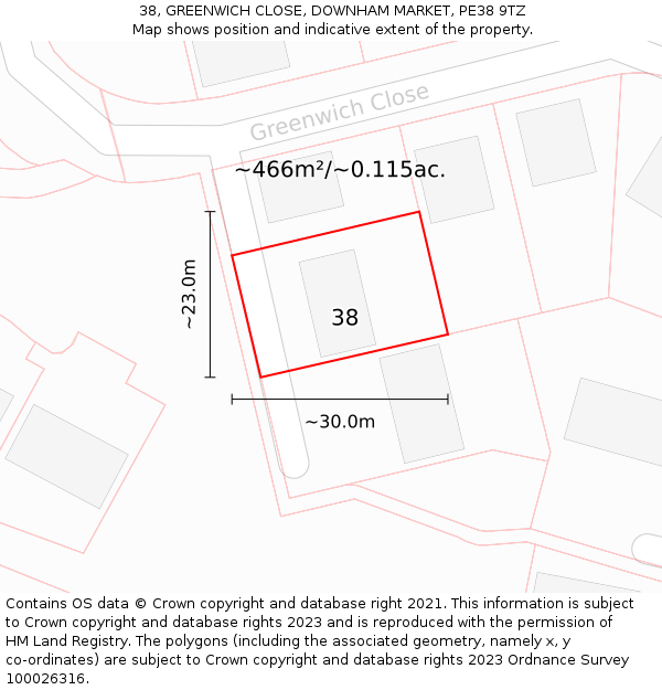 38, GREENWICH CLOSE, DOWNHAM MARKET, PE38 9TZ: Plot and title map