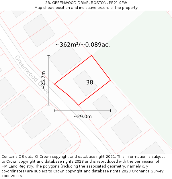 38, GREENWOOD DRIVE, BOSTON, PE21 9EW: Plot and title map