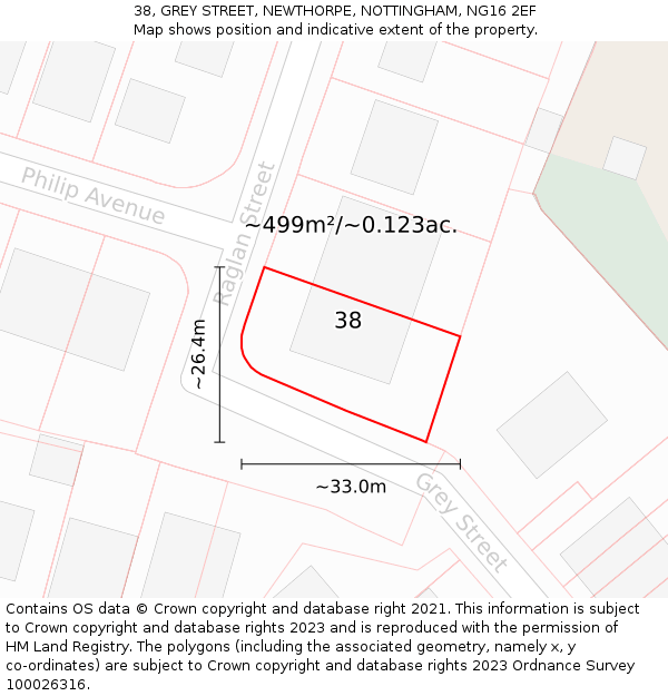 38, GREY STREET, NEWTHORPE, NOTTINGHAM, NG16 2EF: Plot and title map