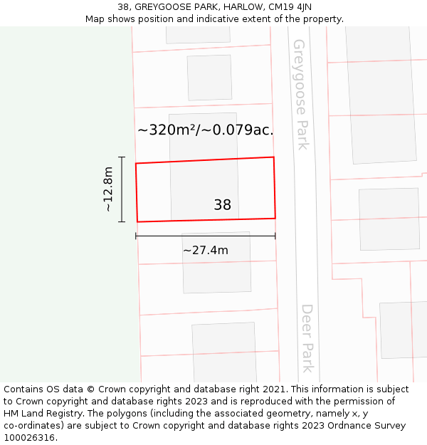 38, GREYGOOSE PARK, HARLOW, CM19 4JN: Plot and title map