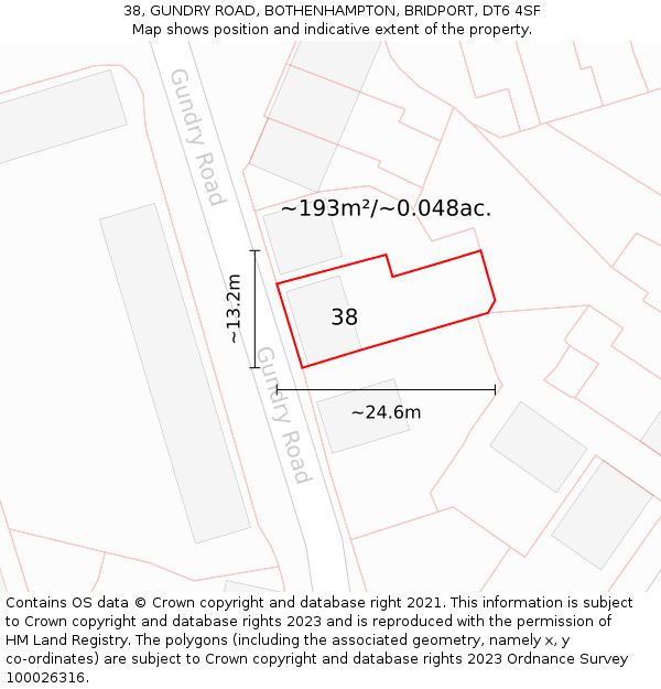 38, GUNDRY ROAD, BOTHENHAMPTON, BRIDPORT, DT6 4SF: Plot and title map