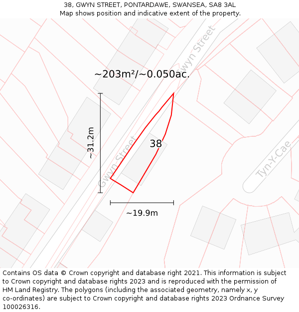 38, GWYN STREET, PONTARDAWE, SWANSEA, SA8 3AL: Plot and title map