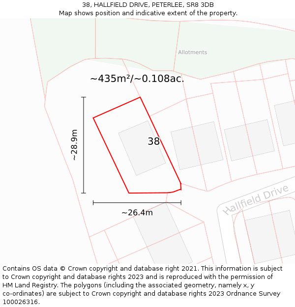 38, HALLFIELD DRIVE, PETERLEE, SR8 3DB: Plot and title map