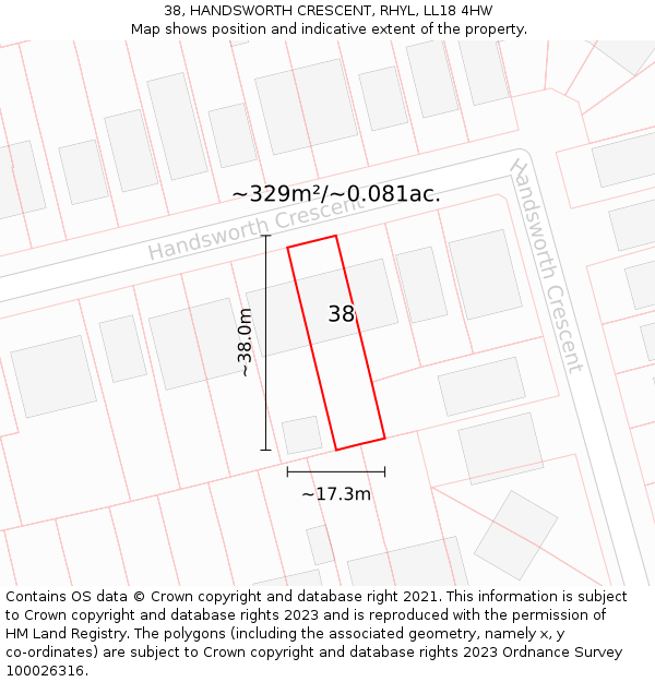 38, HANDSWORTH CRESCENT, RHYL, LL18 4HW: Plot and title map