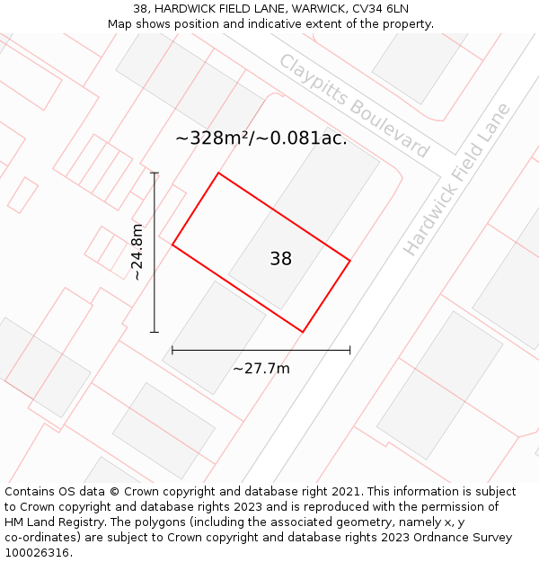 38, HARDWICK FIELD LANE, WARWICK, CV34 6LN: Plot and title map