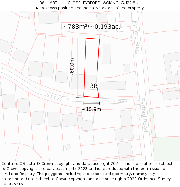 38, HARE HILL CLOSE, PYRFORD, WOKING, GU22 8UH: Plot and title map