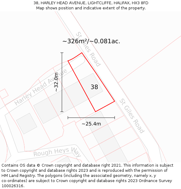 38, HARLEY HEAD AVENUE, LIGHTCLIFFE, HALIFAX, HX3 8FD: Plot and title map