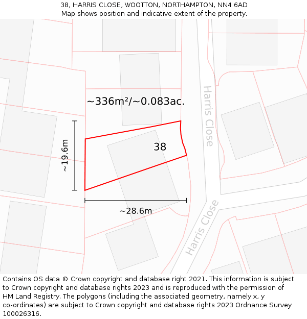 38, HARRIS CLOSE, WOOTTON, NORTHAMPTON, NN4 6AD: Plot and title map