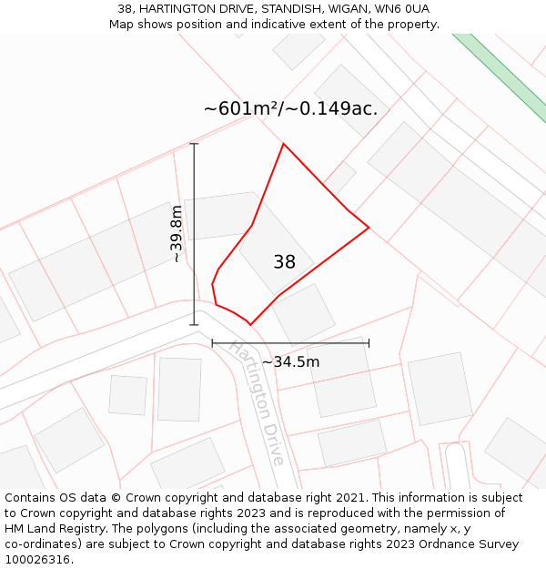 38, HARTINGTON DRIVE, STANDISH, WIGAN, WN6 0UA: Plot and title map