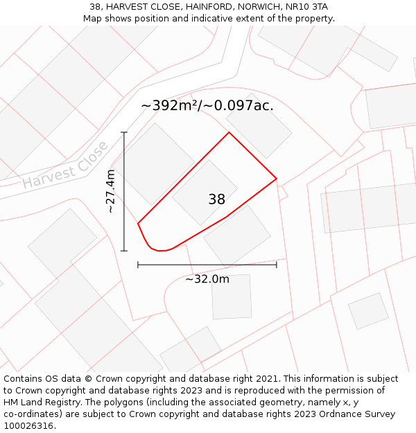 38, HARVEST CLOSE, HAINFORD, NORWICH, NR10 3TA: Plot and title map