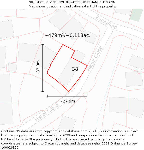 38, HAZEL CLOSE, SOUTHWATER, HORSHAM, RH13 9GN: Plot and title map