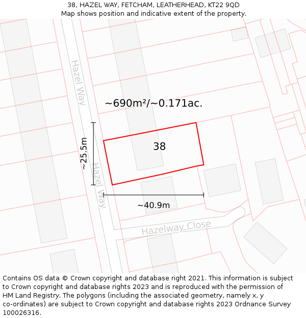 38, HAZEL WAY, FETCHAM, LEATHERHEAD, KT22 9QD: Plot and title map