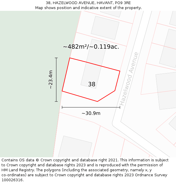 38, HAZELWOOD AVENUE, HAVANT, PO9 3RE: Plot and title map