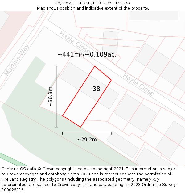 38, HAZLE CLOSE, LEDBURY, HR8 2XX: Plot and title map