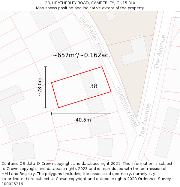 38, HEATHERLEY ROAD, CAMBERLEY, GU15 3LX: Plot and title map