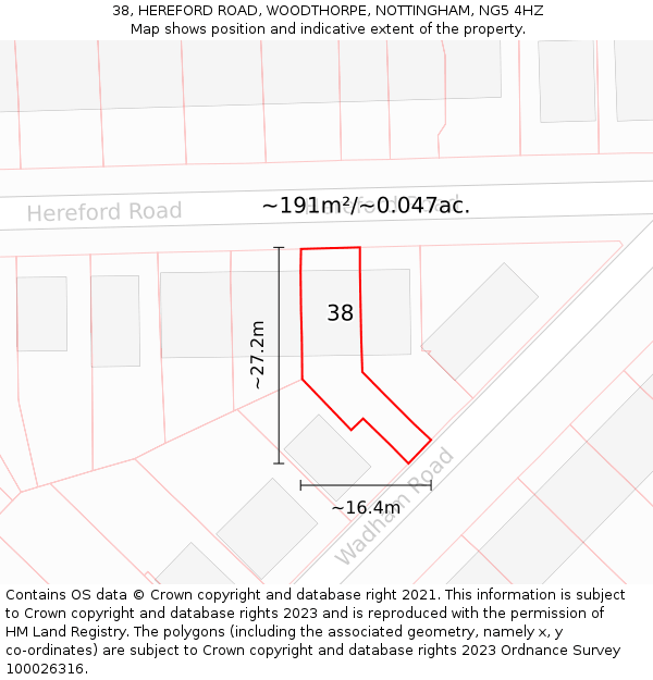 38, HEREFORD ROAD, WOODTHORPE, NOTTINGHAM, NG5 4HZ: Plot and title map