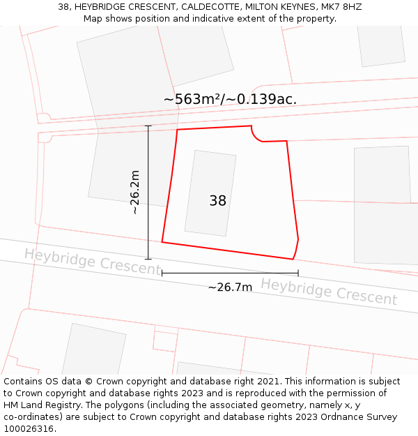 38, HEYBRIDGE CRESCENT, CALDECOTTE, MILTON KEYNES, MK7 8HZ: Plot and title map