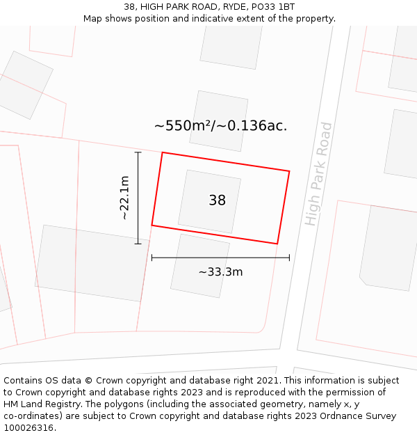 38, HIGH PARK ROAD, RYDE, PO33 1BT: Plot and title map