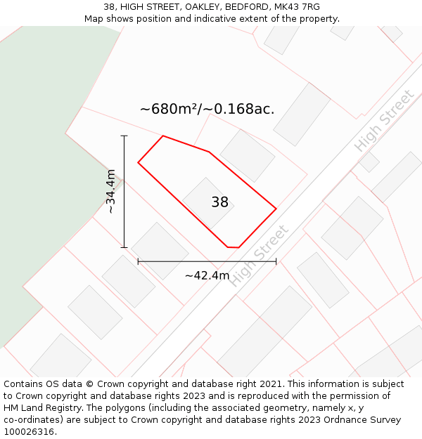 38, HIGH STREET, OAKLEY, BEDFORD, MK43 7RG: Plot and title map