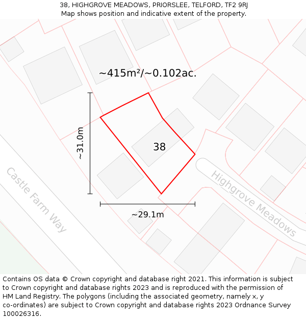 38, HIGHGROVE MEADOWS, PRIORSLEE, TELFORD, TF2 9RJ: Plot and title map