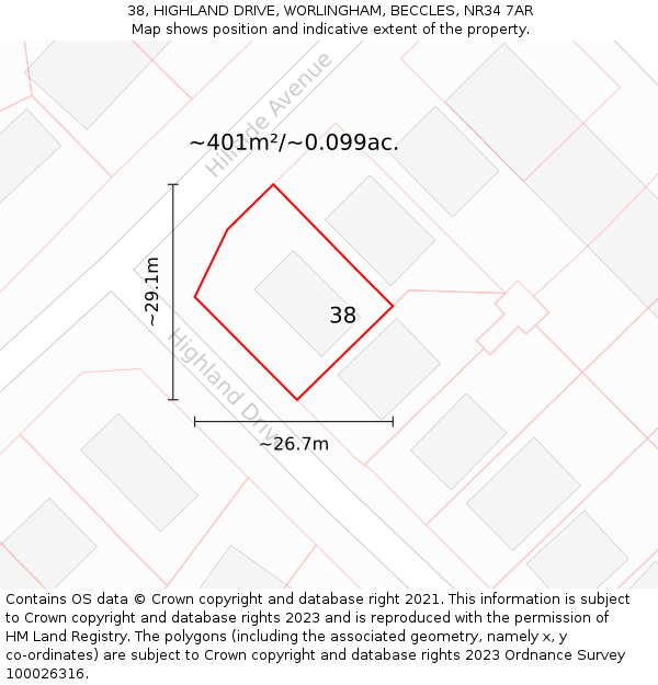 38, HIGHLAND DRIVE, WORLINGHAM, BECCLES, NR34 7AR: Plot and title map