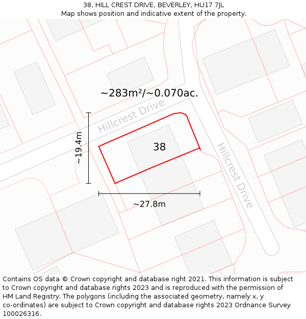 38, HILL CREST DRIVE, BEVERLEY, HU17 7JL: Plot and title map