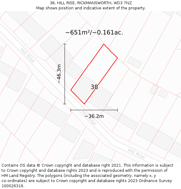 38, HILL RISE, RICKMANSWORTH, WD3 7NZ: Plot and title map