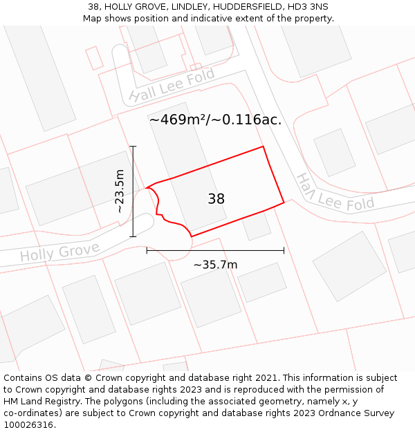 38, HOLLY GROVE, LINDLEY, HUDDERSFIELD, HD3 3NS: Plot and title map