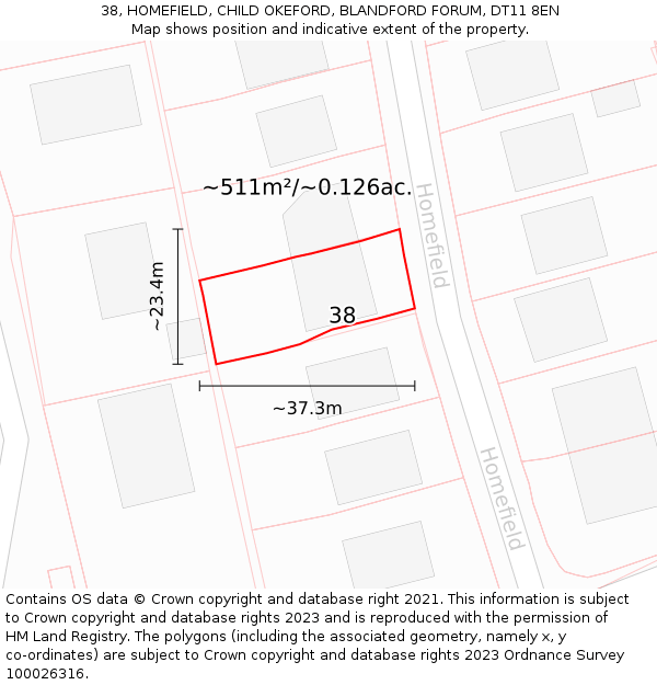 38, HOMEFIELD, CHILD OKEFORD, BLANDFORD FORUM, DT11 8EN: Plot and title map