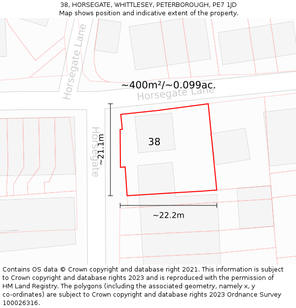 38, HORSEGATE, WHITTLESEY, PETERBOROUGH, PE7 1JD: Plot and title map