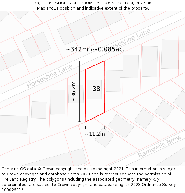 38, HORSESHOE LANE, BROMLEY CROSS, BOLTON, BL7 9RR: Plot and title map