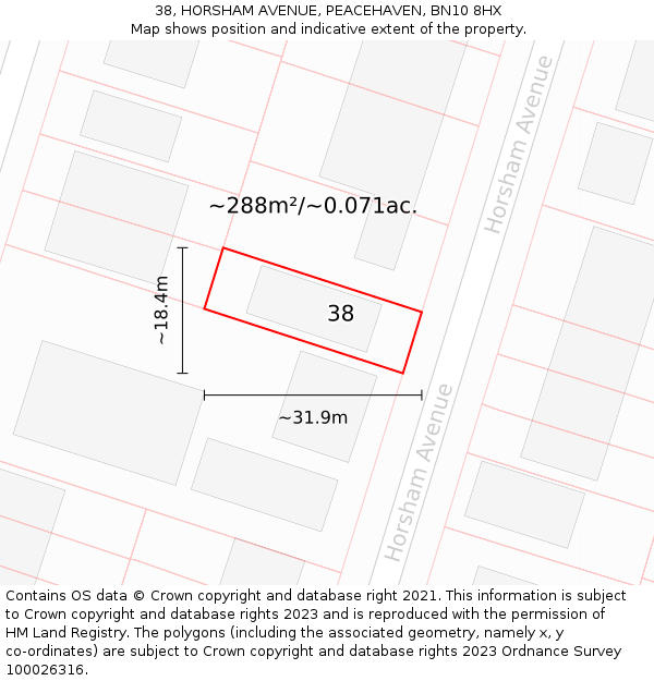 38, HORSHAM AVENUE, PEACEHAVEN, BN10 8HX: Plot and title map