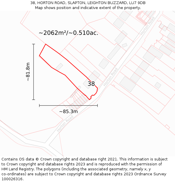 38, HORTON ROAD, SLAPTON, LEIGHTON BUZZARD, LU7 9DB: Plot and title map
