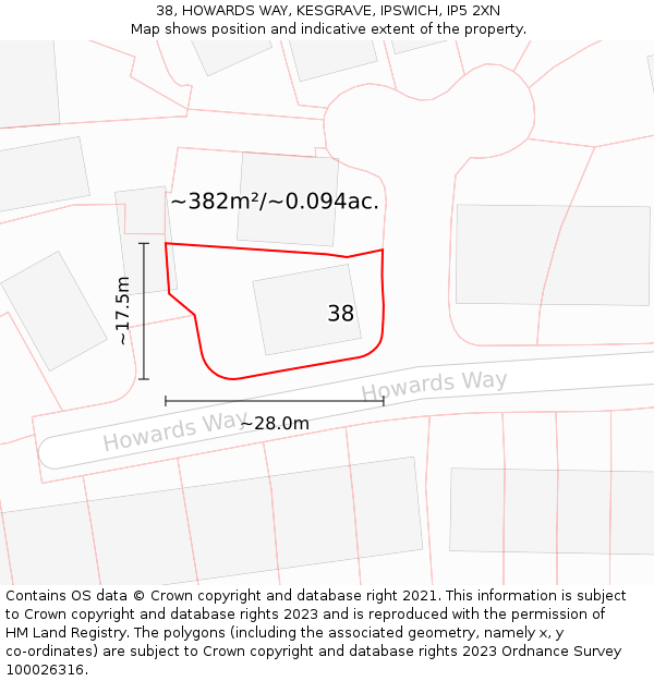 38, HOWARDS WAY, KESGRAVE, IPSWICH, IP5 2XN: Plot and title map