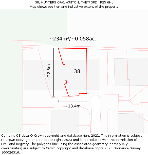 38, HUNTERS OAK, WATTON, THETFORD, IP25 6HL: Plot and title map