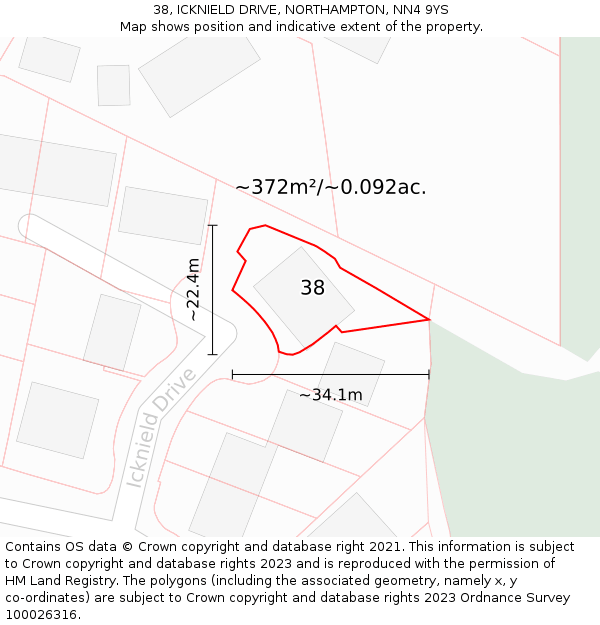 38, ICKNIELD DRIVE, NORTHAMPTON, NN4 9YS: Plot and title map