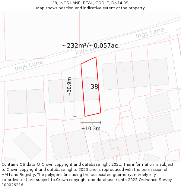 38, INGS LANE, BEAL, GOOLE, DN14 0SJ: Plot and title map