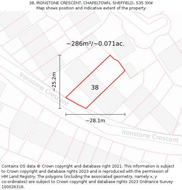 38, IRONSTONE CRESCENT, CHAPELTOWN, SHEFFIELD, S35 3XW: Plot and title map